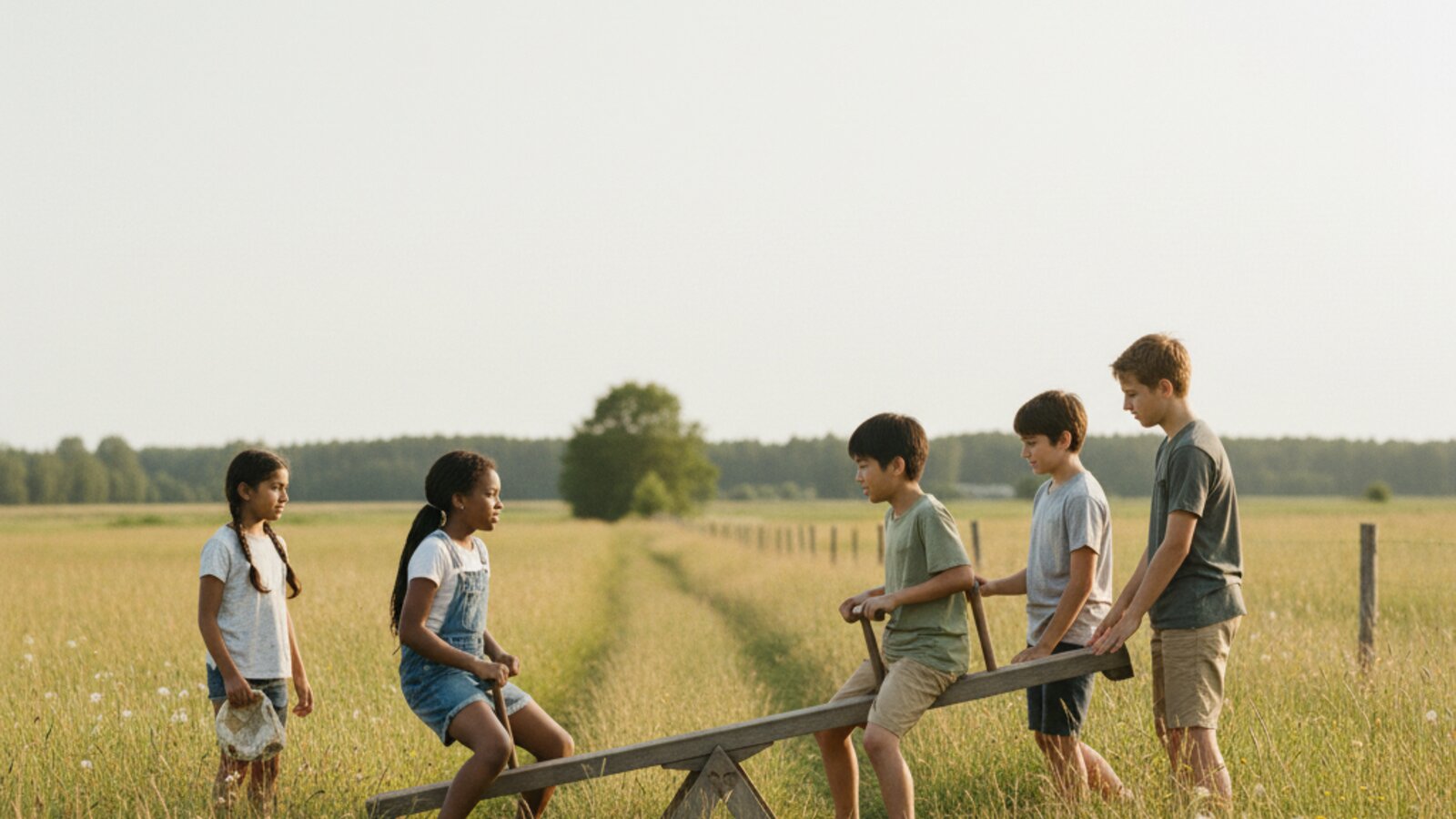 Five young people, ethnically diverse, gathered around a wooden see-saw in an English country meadow. A fenced path runs through the field behind them. Pale sky above. The atmosphere is of enjoyment, with a note of uncertainty.