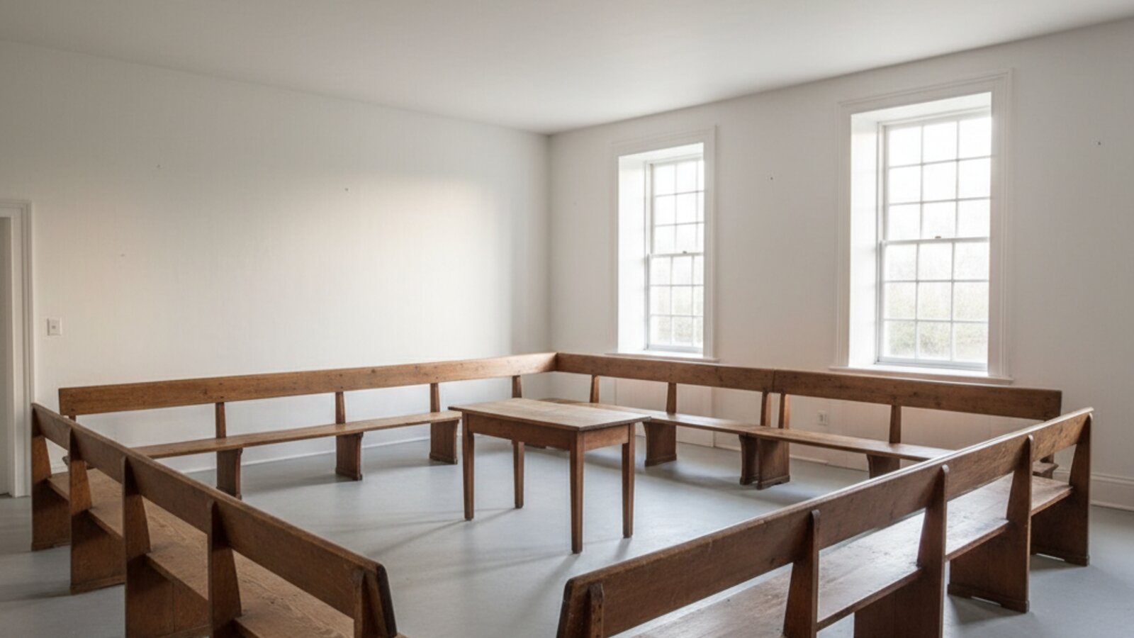 A simple Quaker meeting-house interior: plain wooden benches, white walls, soft natural light from sash windows.