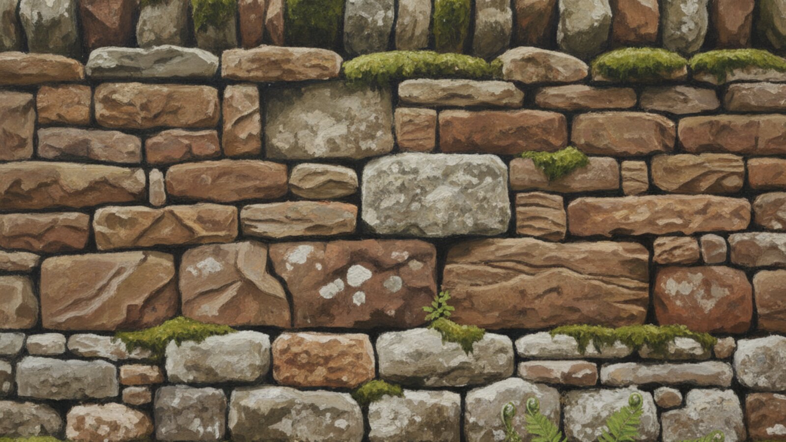 A weathered drystone wall with patches of moss, photographed mid-distance.